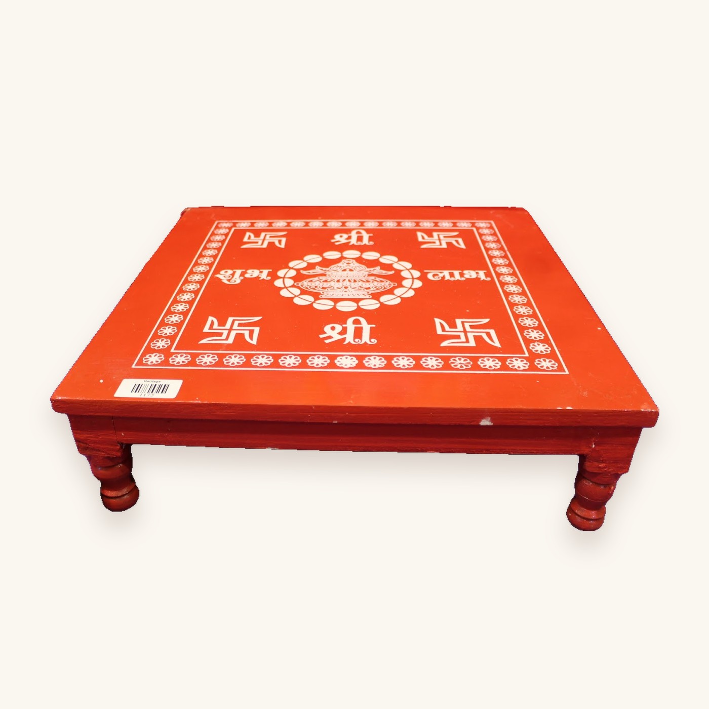 Red wooden bajot pooja chowki with swastik and Shri kalash design, 18 x 18 inch