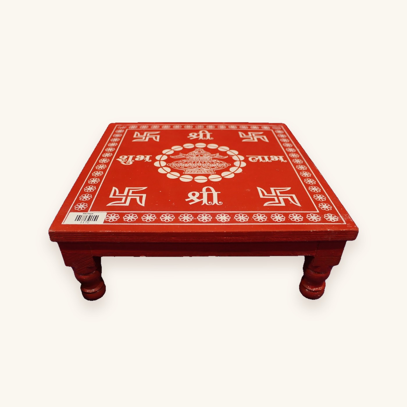 Red wooden bajot pooja chowki, 15 x 15 inch