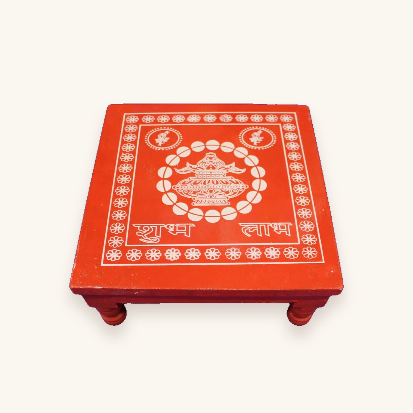 Red wooden chowki with kalash and Shubh Labh, 12 x 12 inch