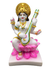 Load image into Gallery viewer, SARASWATI MURTI Hindu Goddess Statue. Saraswati mata godess of knowledge carved Brass statue White