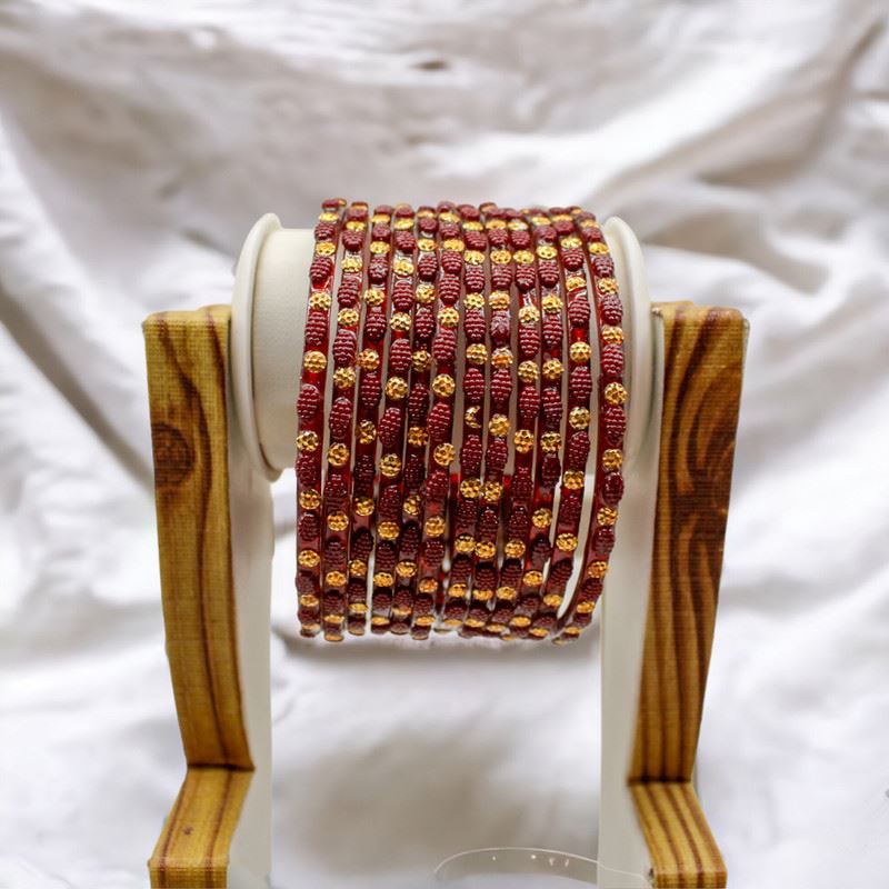 Dot pattern glass bangles set of 12 - Wine Red