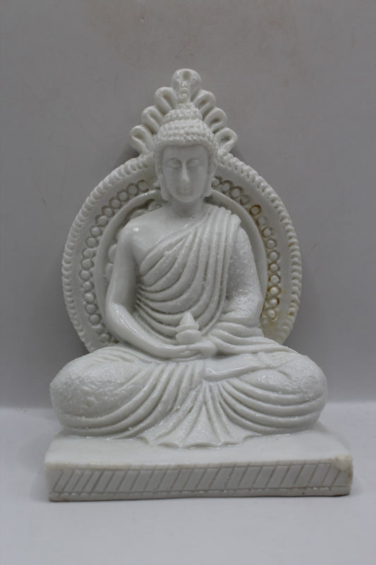 White resin Buddha statue meditating with halo, front view
