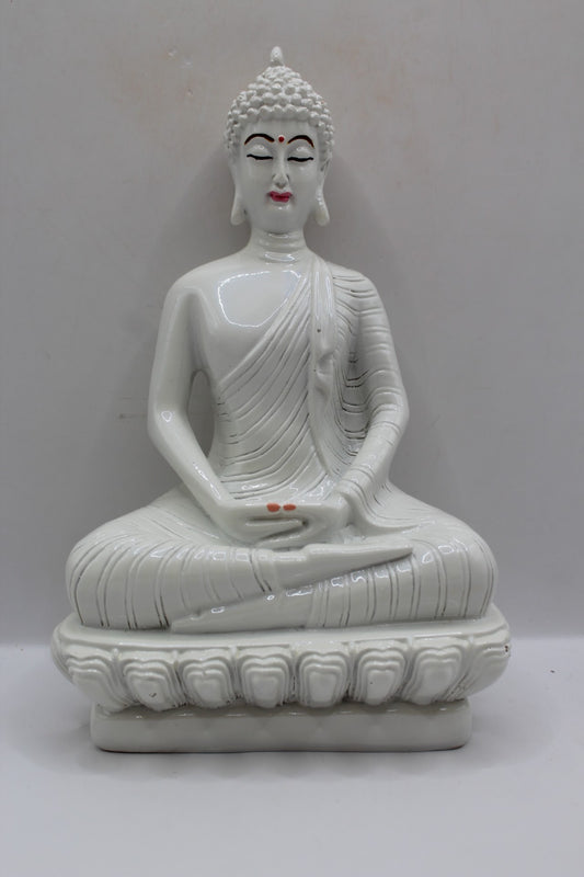 White resin Buddha statue meditating on a lotus base, front view