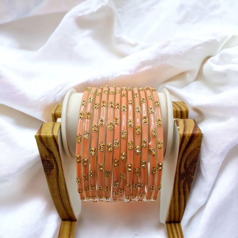 Dot pattern glass bangles set of 12 - Light Pink