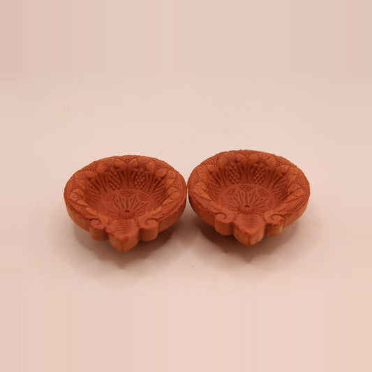 One face floral clay diya, 2.5 inch, pack of 2