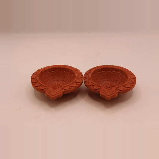 One face floral clay diya, 3 inch, pack of 2