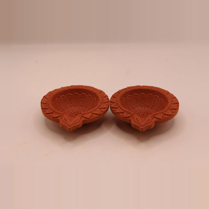 One face floral clay diya, 3 inch, pack of 2