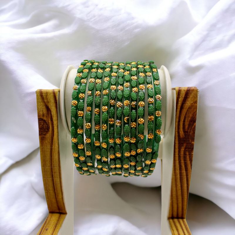 Dot pattern glass bangles set of 12 - Moss Green