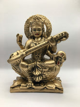 Load image into Gallery viewer, SARASWATI MURTI Hindu Goddess Statue. Saraswati mata godess of knowledge carved Brass statue Brass