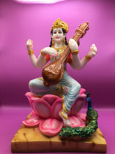 Load image into Gallery viewer, SARASWATI MURTI Hindu Goddess Statue. Saraswati mata godess of knowledge carved Brass statue Pink