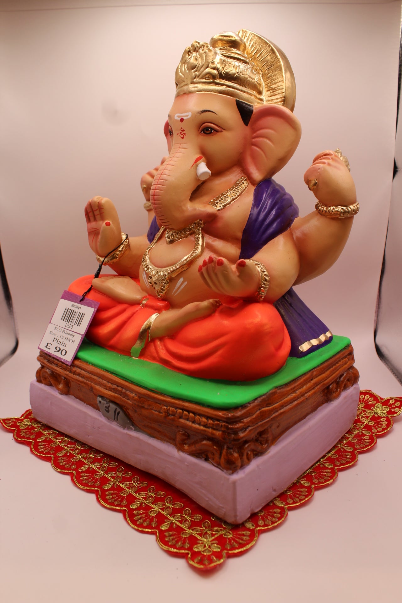 Eco-Friendly Ganesh Visarjan idol, Purple Khes & Orange Dhoti, Gold Collar, close-up