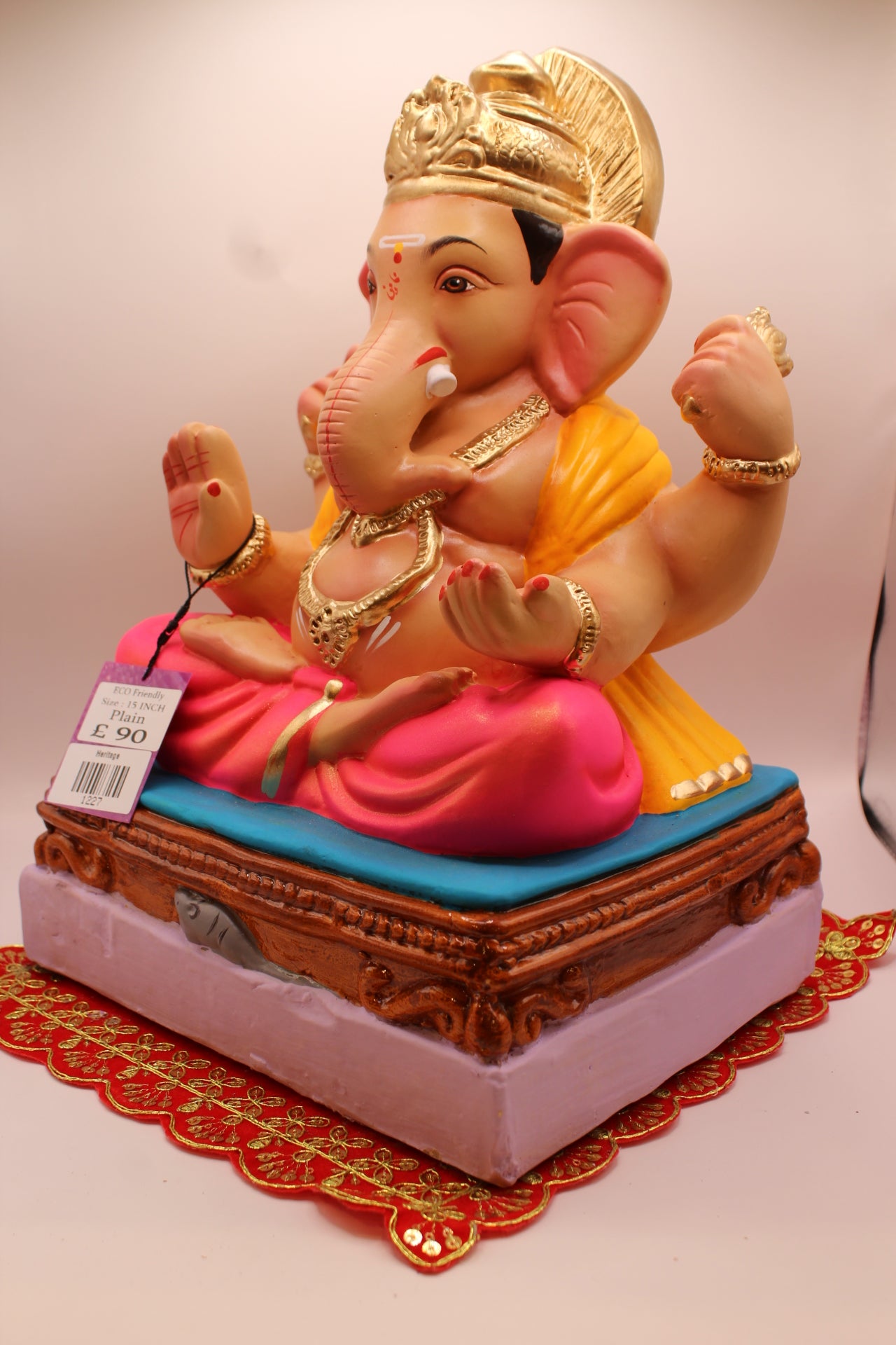 Eco-Friendly Ganesh Visarjan idol, Saffron Khes & Pink Dhoti, Turquoise Seat, close-up