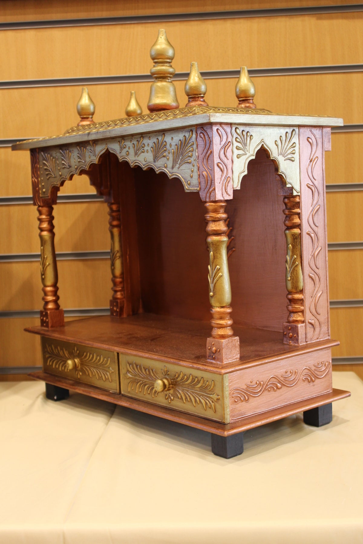Open Front Jaipuri Mandir in golden bronze, angled side view from the other side