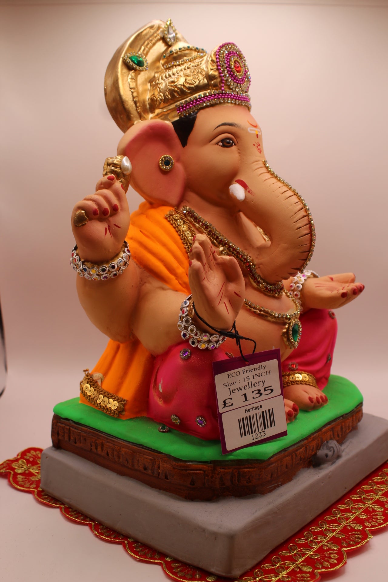 Eco-Friendly Ganesh Visarjan idol, Jewellery Style Orange Khes & Pink Dhoti, close-up