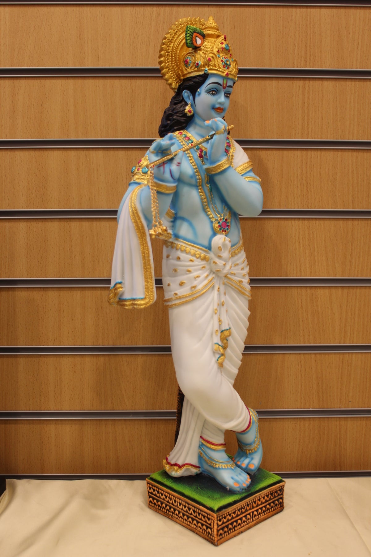 Resin/Fibre Krishna Statue for Home Temple – Playing Flute, 25 inch – Blue Krishna, White Dhoti – left side view