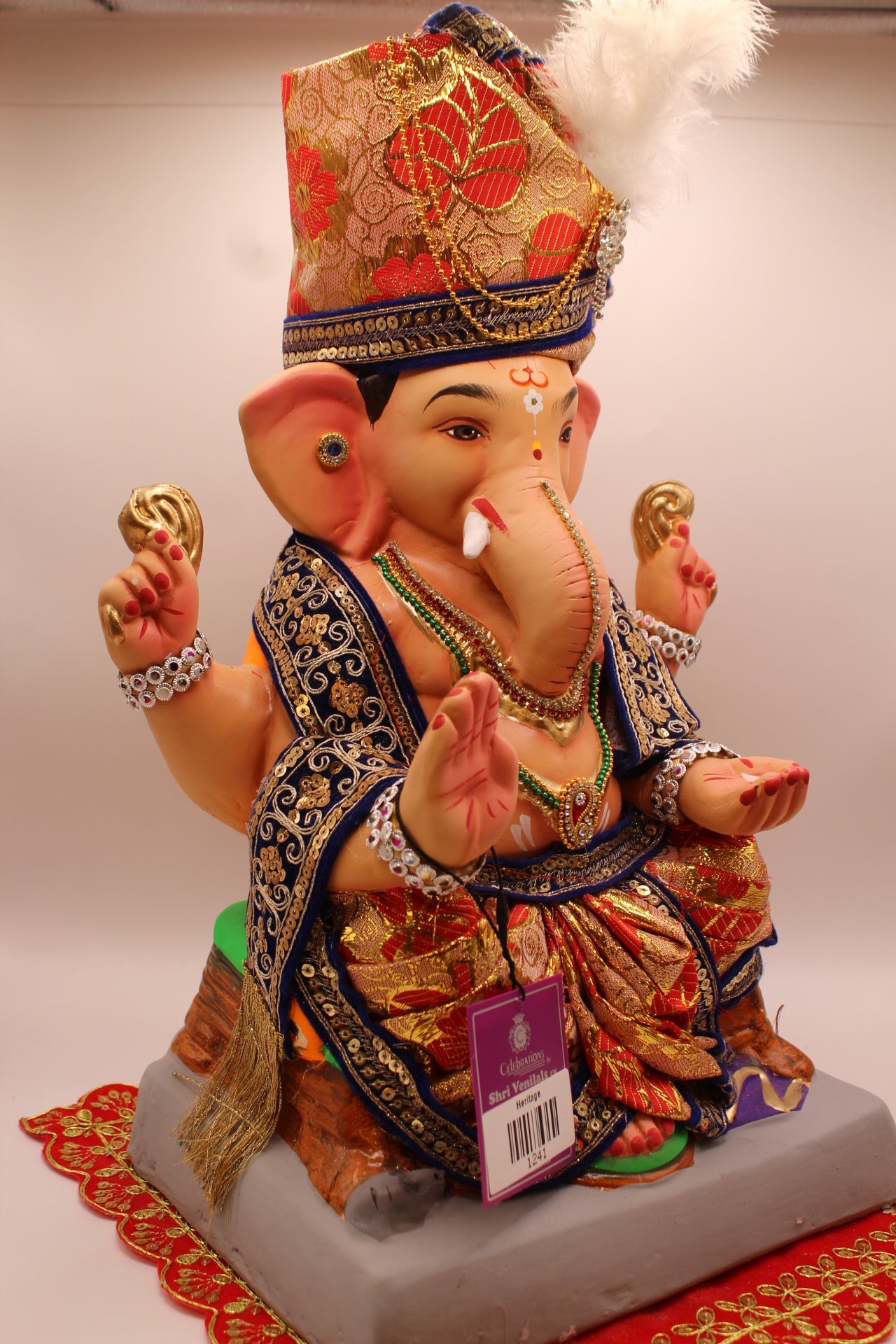 Eco-Friendly Ganesh Visarjan idol, Full Safa Set Royal Blue Velvet & Red Brocade, side view