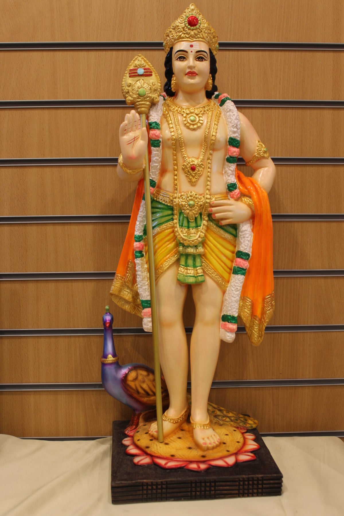 Resin/Fibre Murugan Statue for Home Temple – Standing with Vel and Peacock, 29 inch – Painted – front view