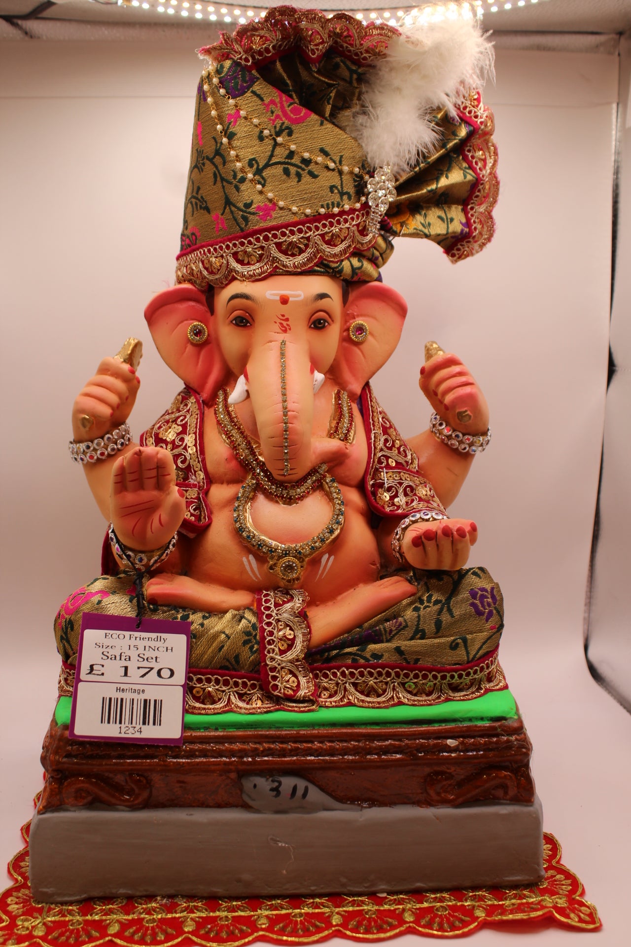 Eco-Friendly Ganesh Visarjan idol, Full Safa Set Antique Gold Paithani & Maroon, front view