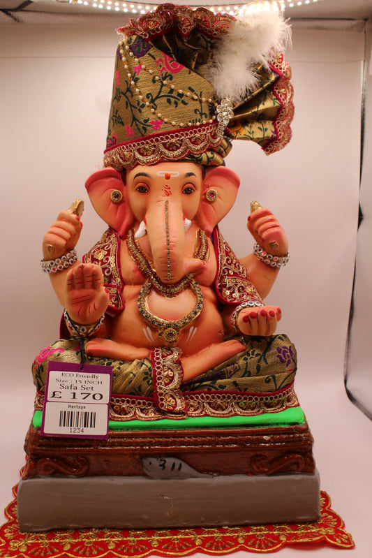 Eco-Friendly Ganesh Visarjan idol, Full Safa Set Antique Gold Paithani & Maroon, front view