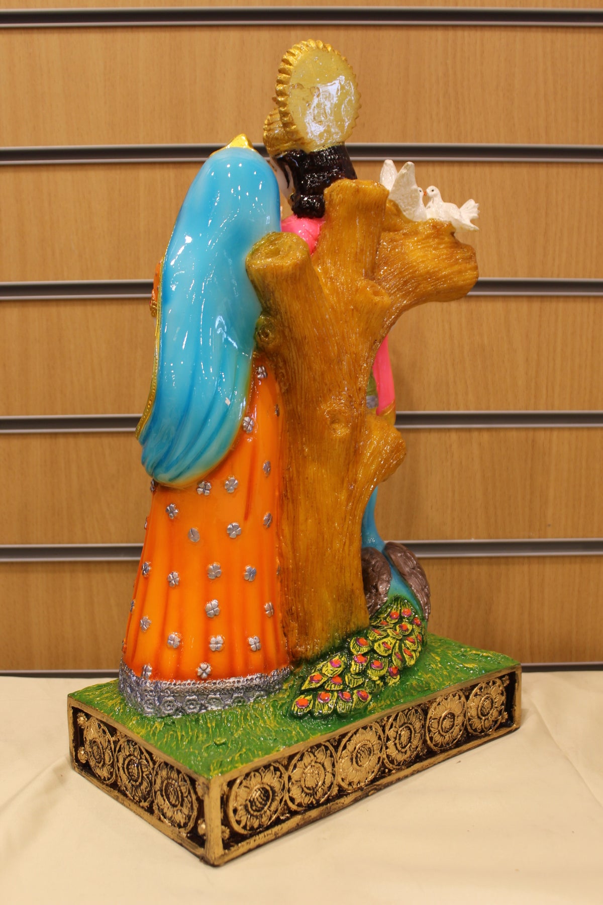 Resin/Fibre Radha Krishna Statue for Home Temple – Under the Tree with Peacock, 17 inch – back view