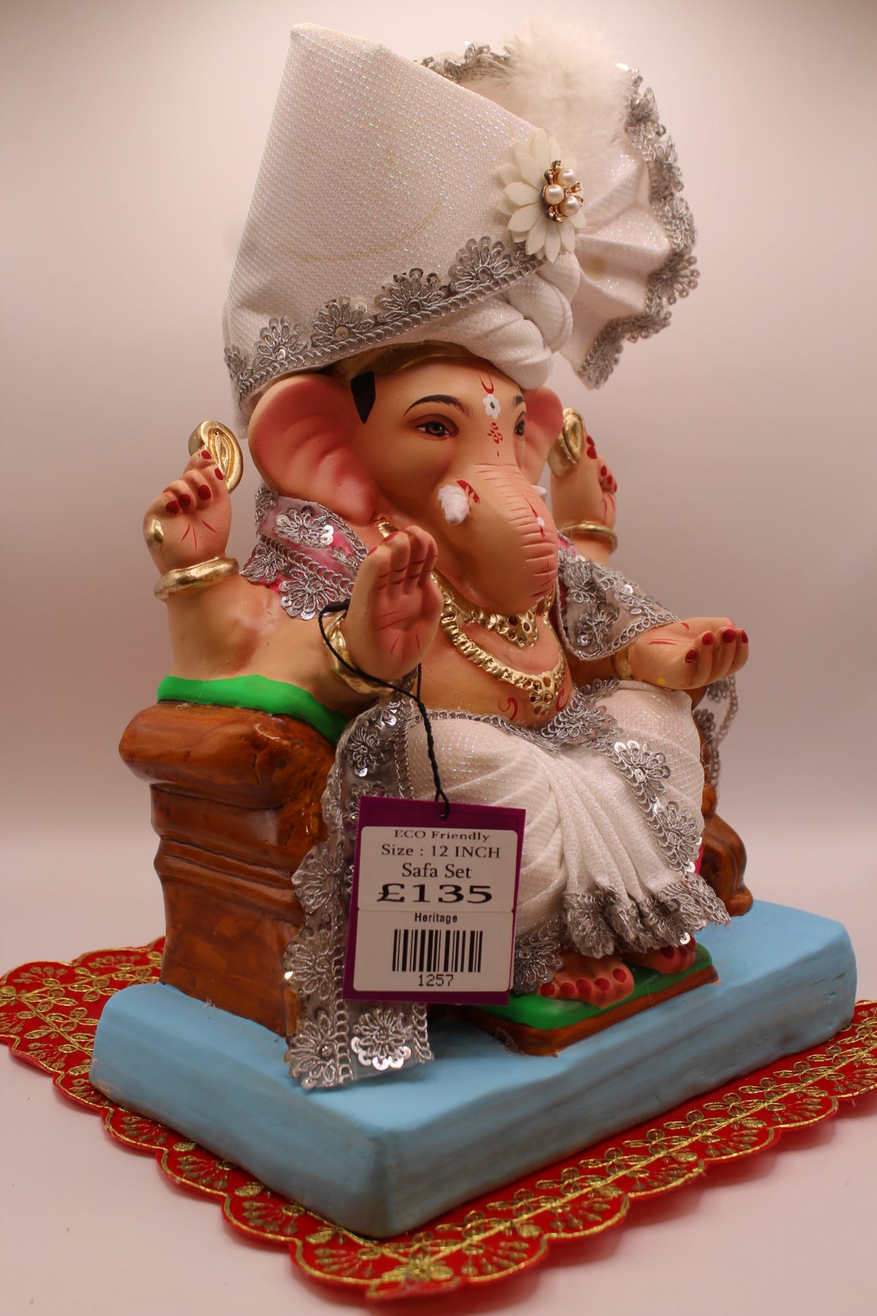 Eco-Friendly Ganesh Visarjan idol, Full Safa Set Ivory & Silver, front view 2