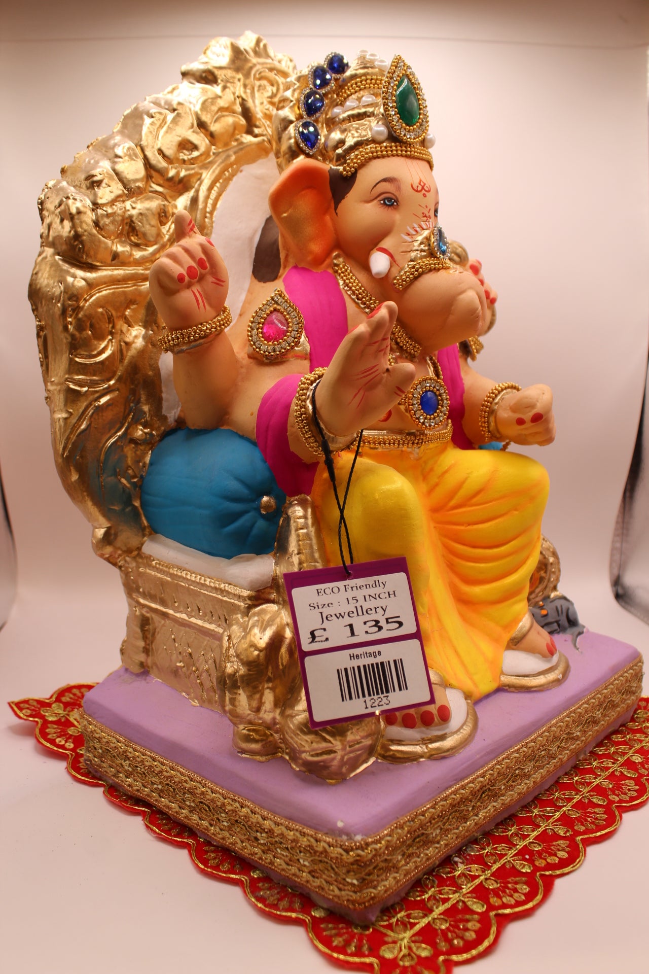 Eco-Friendly Ganesh Visarjan idol, Jewellery Style Pink Khes & Yellow Dhoti, Gold Prabhavali, side view