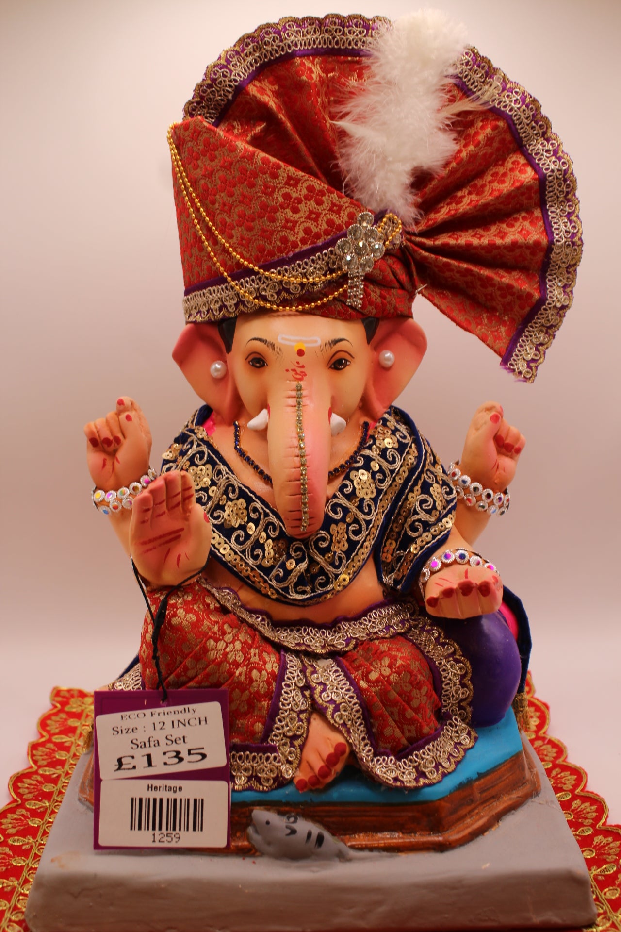 Eco-Friendly Ganesh Visarjan idol, Full Safa Set Red Brocade & Navy Khes, front view