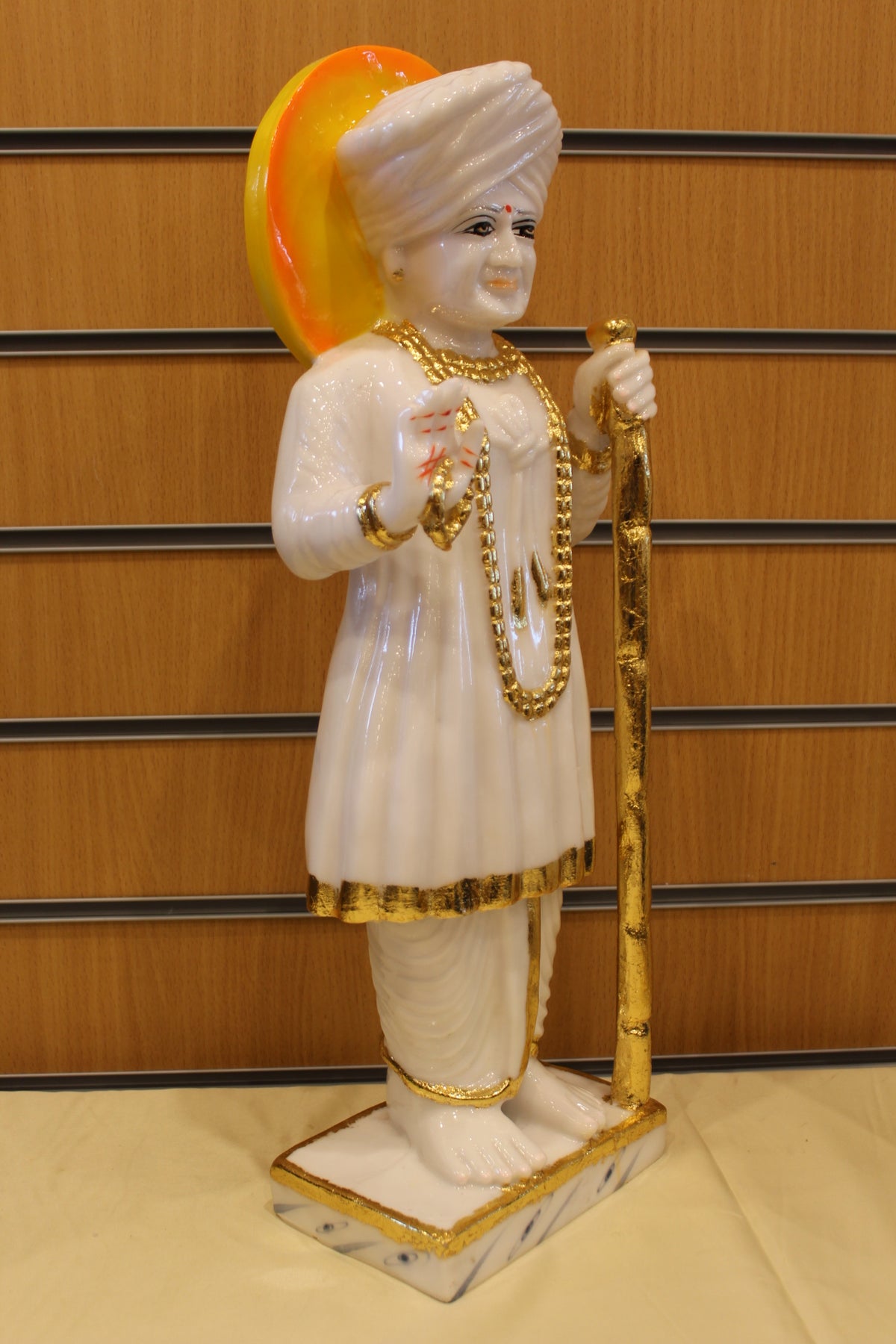 Resin/Fibre Jalaram Bapa Statue for Home Temple – White with Halo, 21 inch – White & Gold – left side view