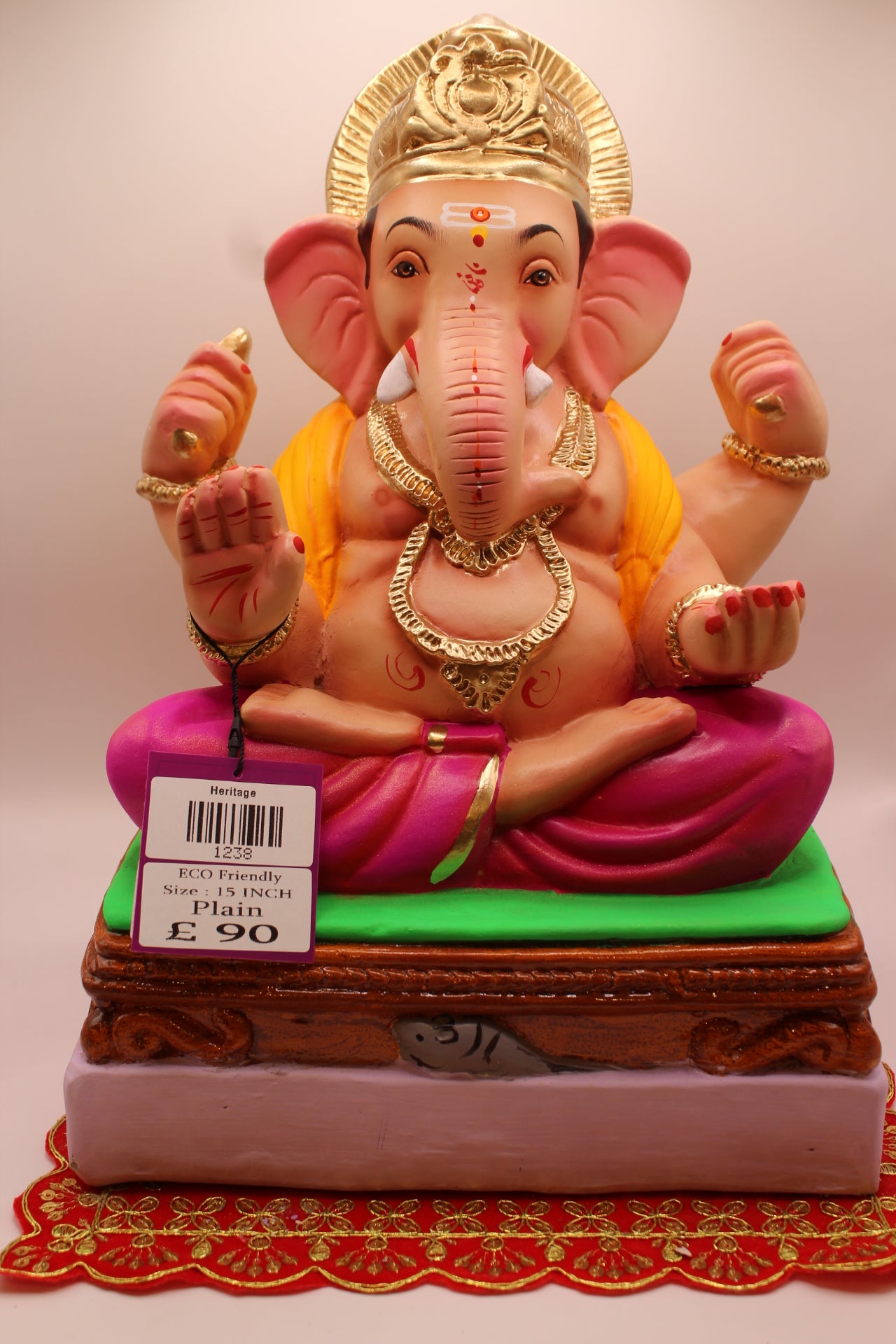 Eco-Friendly Ganesh Visarjan idol, Yellow Khes & Pink Dhoti, Gold Halo Mukut, front view