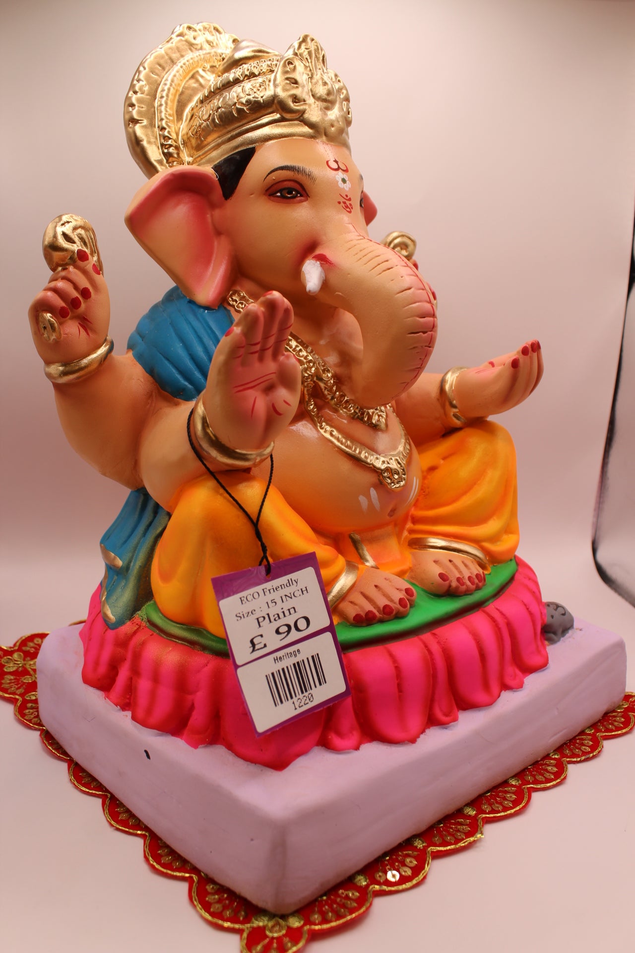 Eco-Friendly Ganesh Visarjan idol, Blue Khes & Orange Dhoti, Pink Lotus Base, close-up
