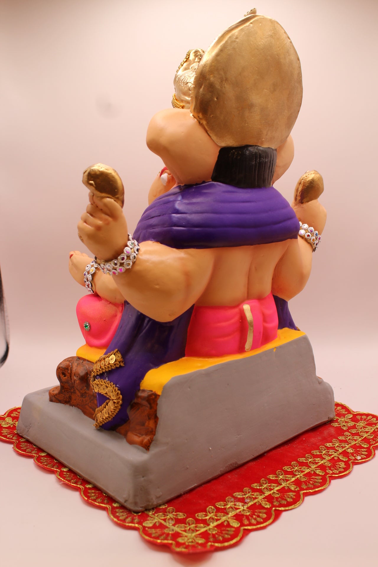 Eco-Friendly Ganesh Visarjan idol, Jewellery Style Purple Khes & Pink Dhoti, back view