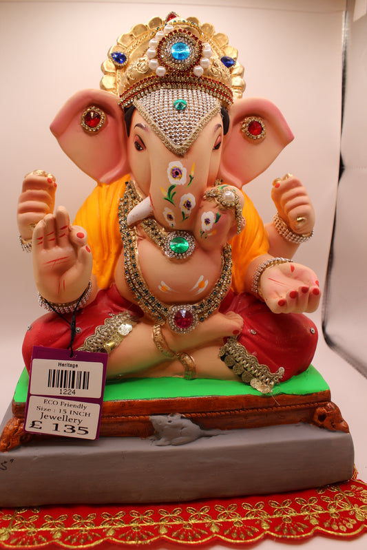 Eco-Friendly Ganesh Visarjan idol, Jewellery Style Saffron Dhoti & Ruby Bolsters, front view