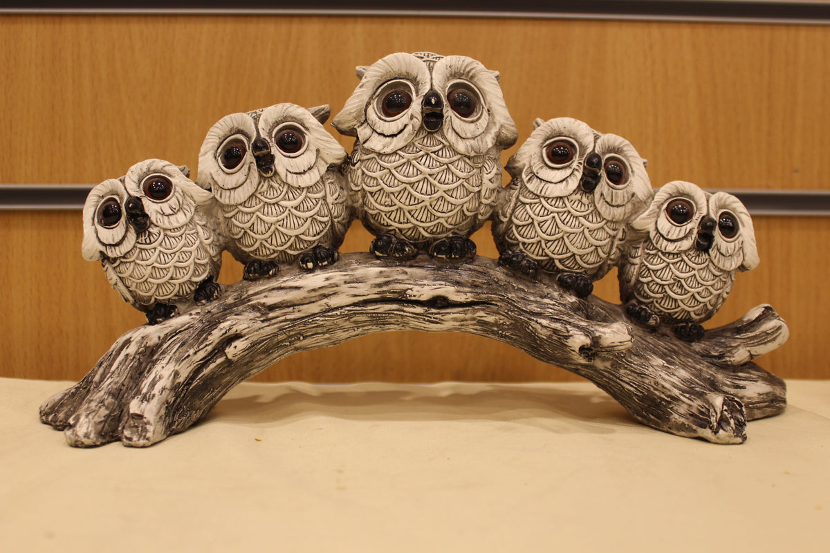 Owls on a Branch Sculpture – Five Owls, 12 inch – front view