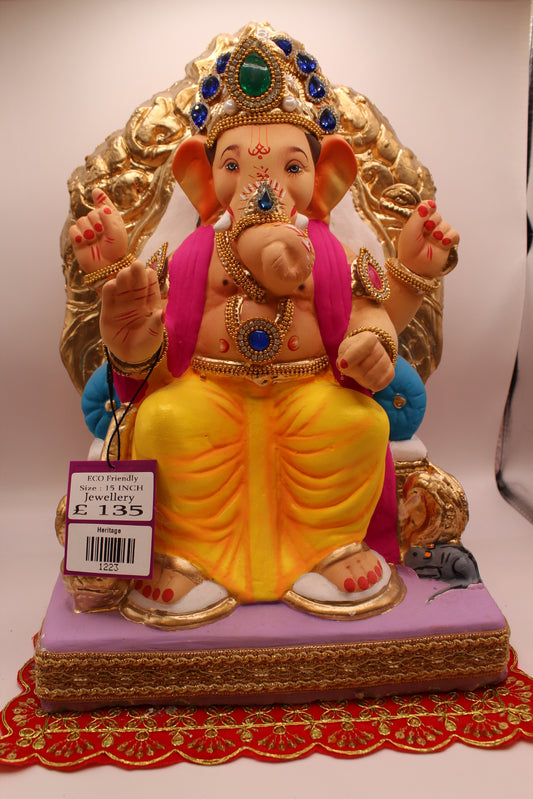 Eco-Friendly Ganesh Visarjan idol, Jewellery Style Pink Khes & Yellow Dhoti, Gold Prabhavali, front view