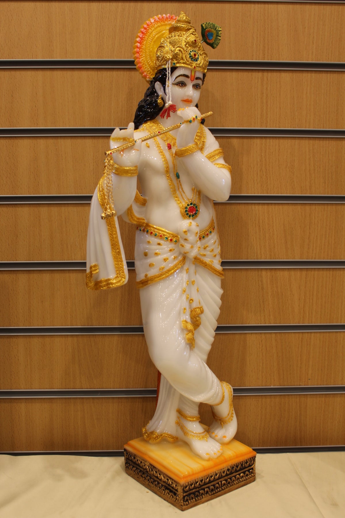 Resin/Fibre Krishna Statue for Home Temple – Playing Flute, 25 inch – White & Gold – left side view