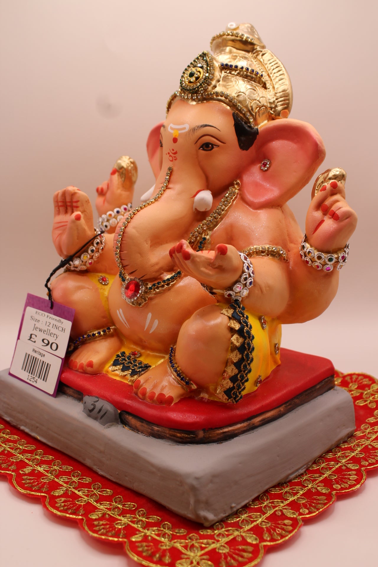 Eco-Friendly Ganesh Visarjan idol, Jewellery Style Yellow Dhoti & Navy Gold Border, close-up