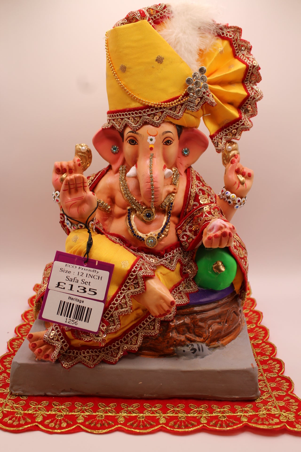Eco-Friendly Ganesh Visarjan idol, Full Safa Set Yellow & Red Brocade, front view