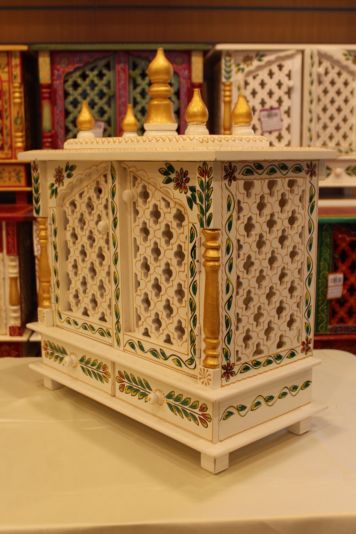 Jaipuri Mandir with Doors in white, green leaf art, right side view