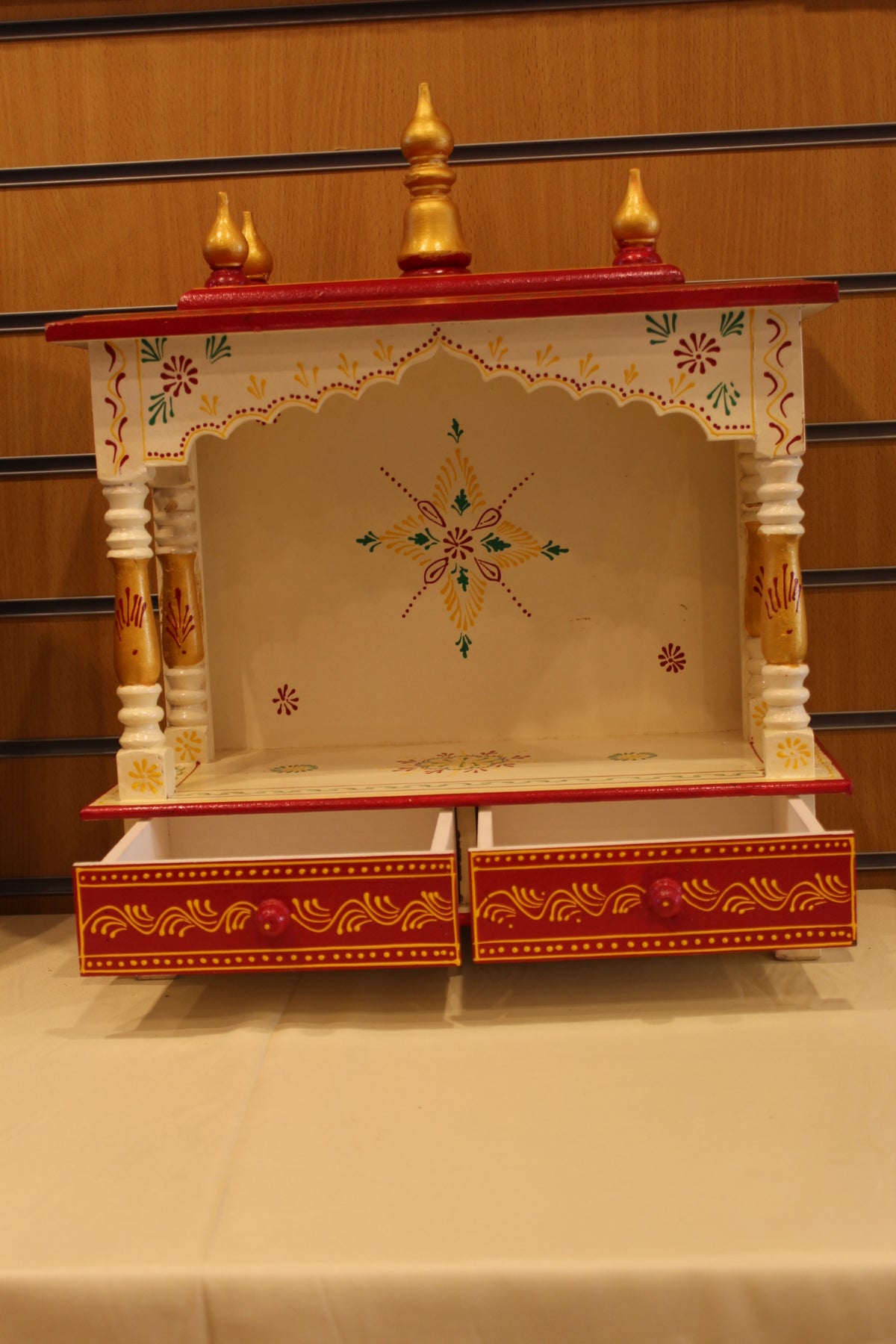 Open Front Jaipuri Mandir in white & red, drawers open
