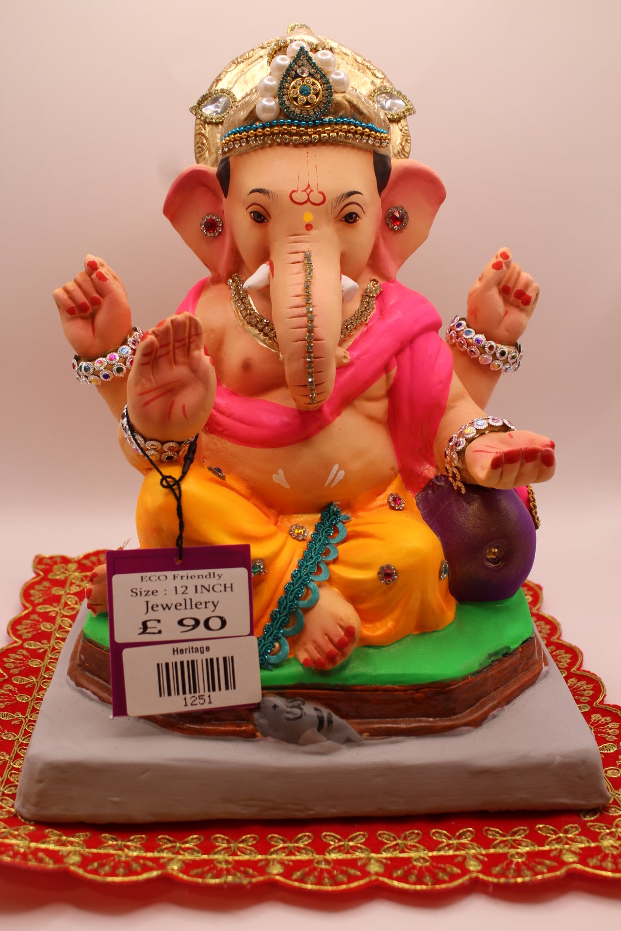 Eco-Friendly Ganesh Visarjan idol, Jewellery Style Pink Khes & Saffron Dhoti, front view