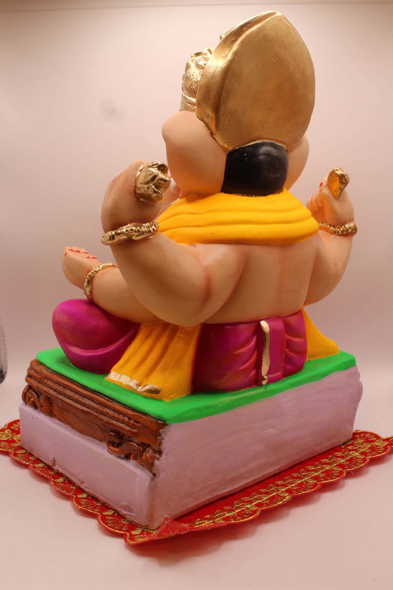 Eco-Friendly Ganesh Visarjan idol, Yellow Khes & Pink Dhoti, Gold Halo Mukut, back view