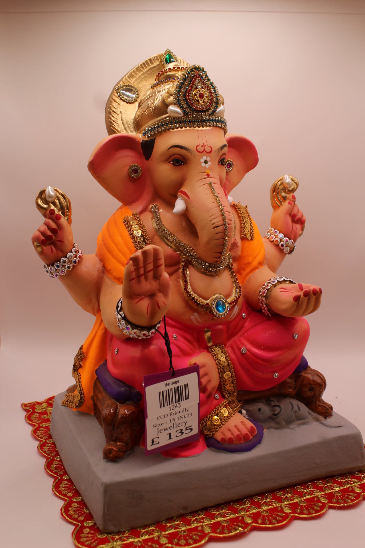 Eco-Friendly Ganesh Visarjan idol, Jewellery Style Orange Khes & Pink Dhoti, Kalash Mukut, side view