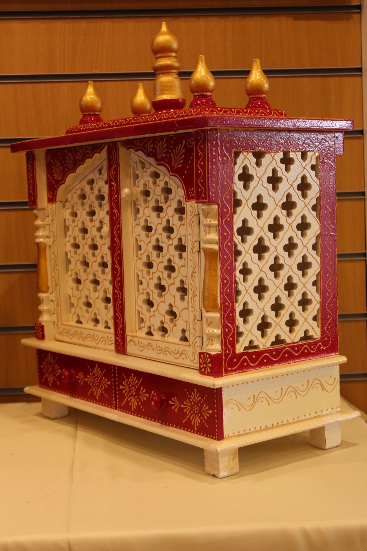 Jaipuri Mandir with Doors in white & red, angled side view from the other side