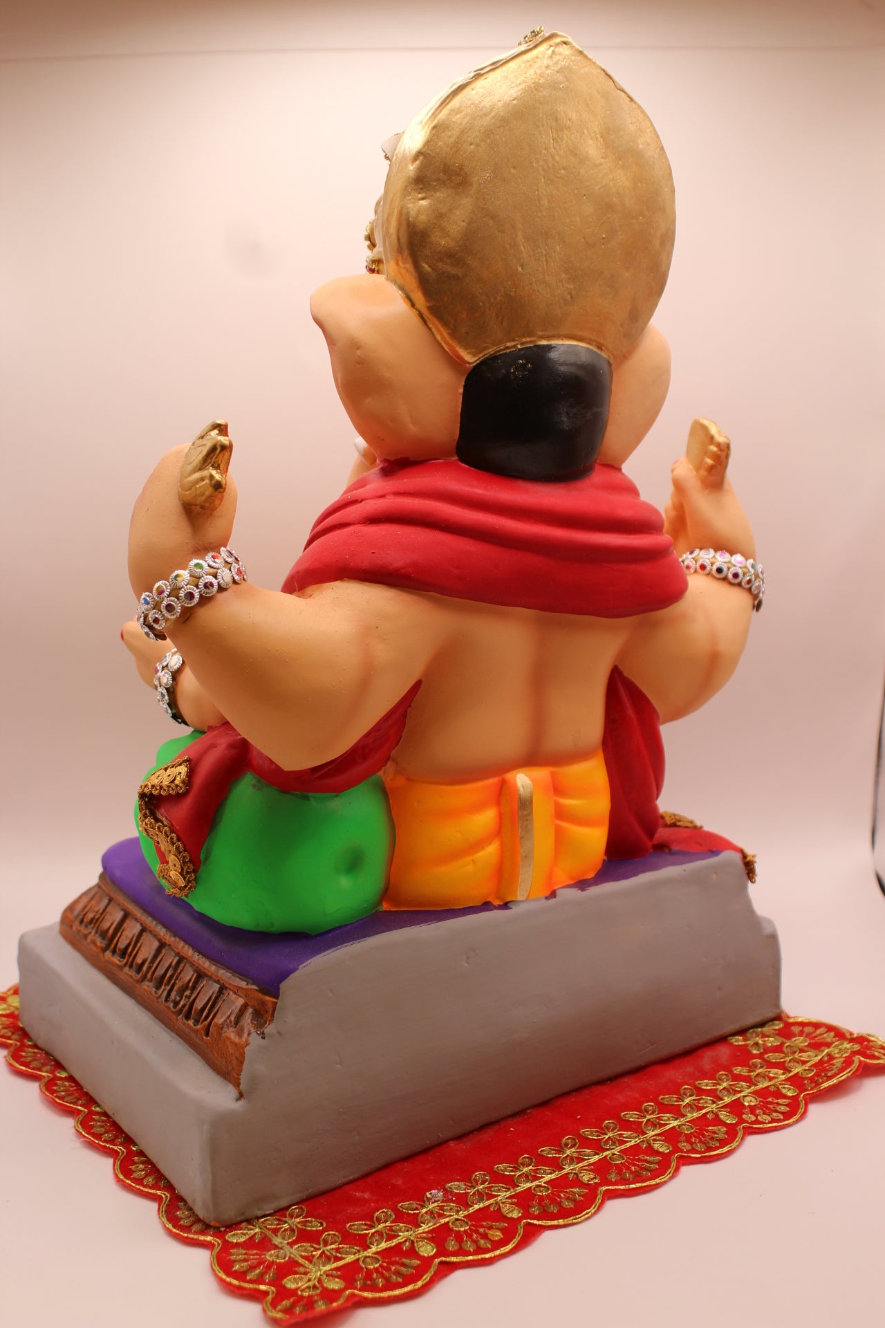 Eco-Friendly Ganesh Visarjan idol, Jewellery Style Red Khes & Saffron Dhoti, back view