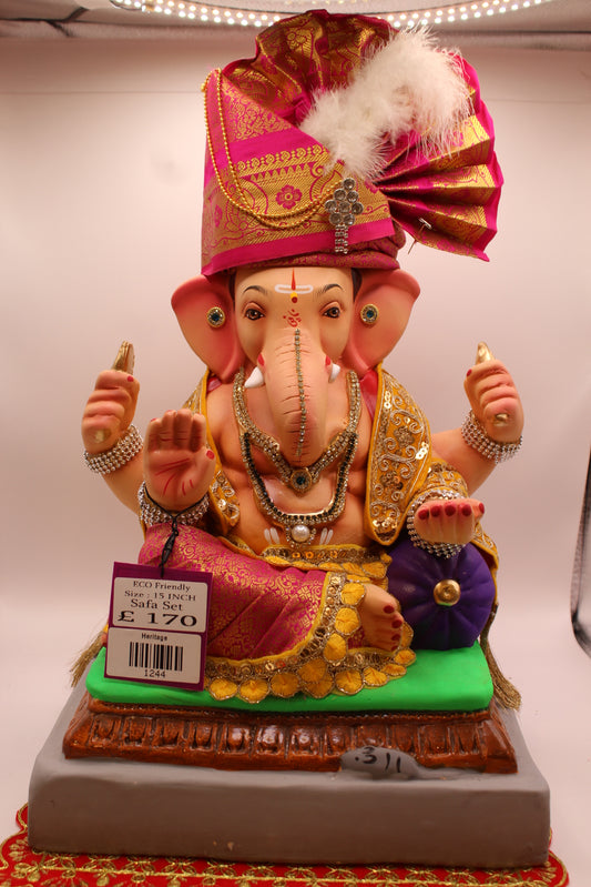 Eco-Friendly Ganesh Visarjan idol, Full Safa Set Pink Paithani & Marigold Velvet, front view