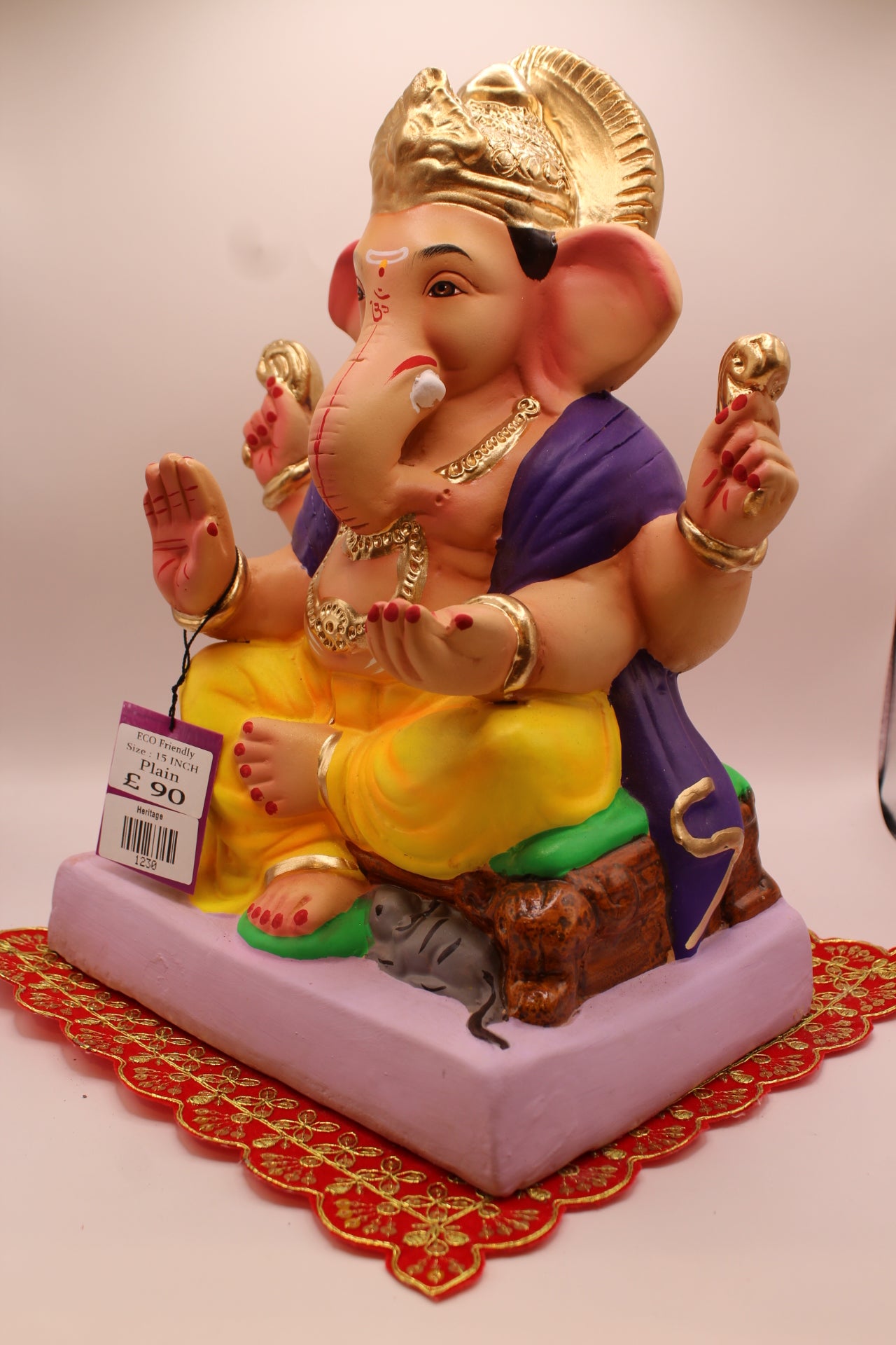 Eco-Friendly Ganesh Visarjan idol, Purple Khes & Yellow Dhoti, Rock Seat, close-up