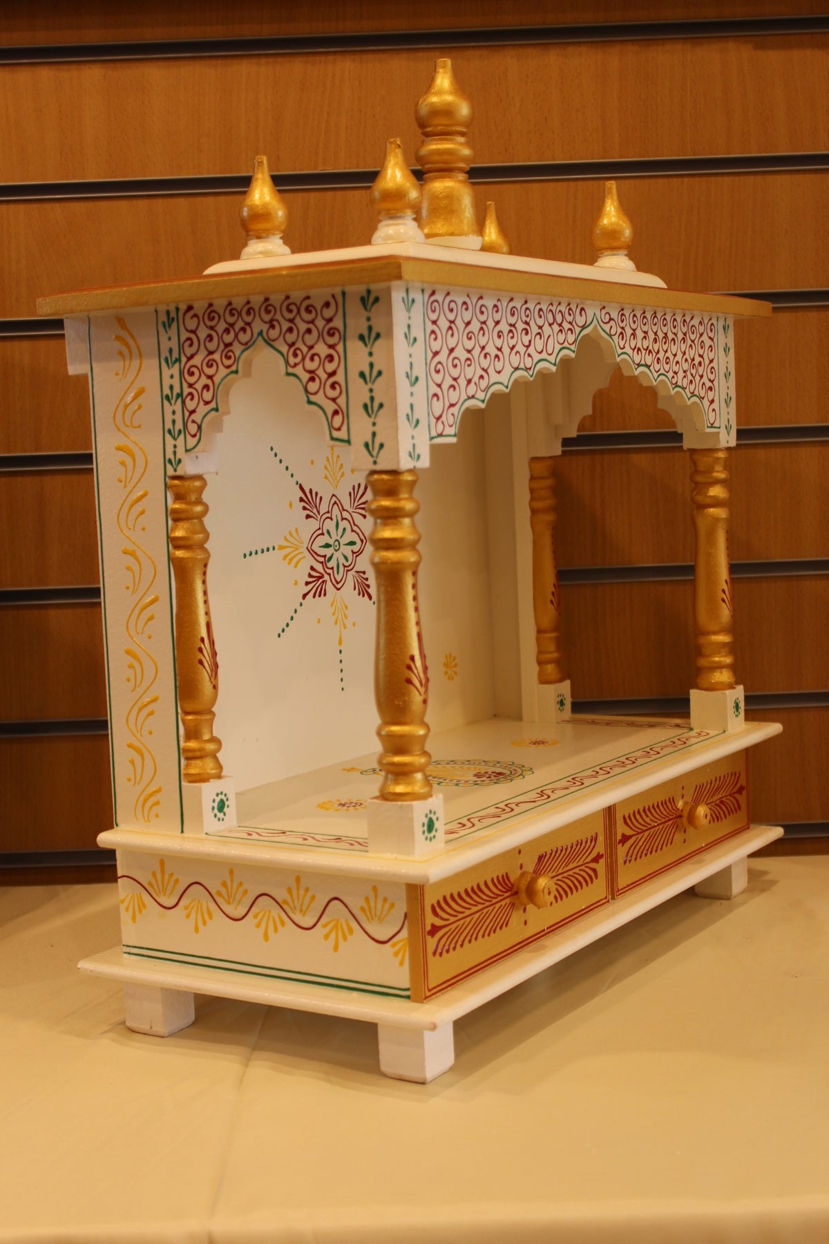 Open Front Jaipuri Mandir in white & gold, angled side view