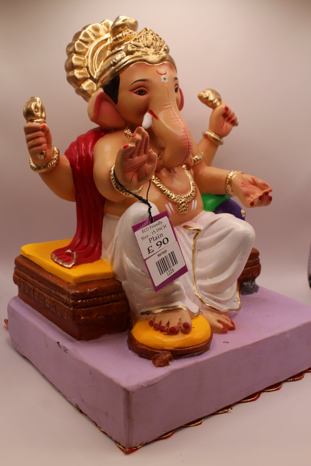 Eco-Friendly Ganesh Visarjan idol, Red Khes & White Dhoti, Modak Offerings, side view