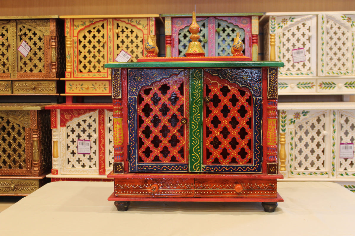Jaipuri Mandir with Doors in red & navy, front view