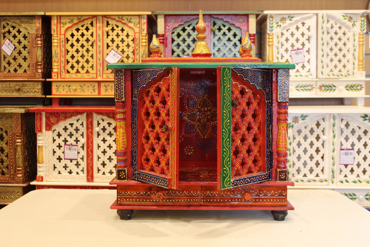 Jaipuri Mandir with Doors in red & navy, doors open